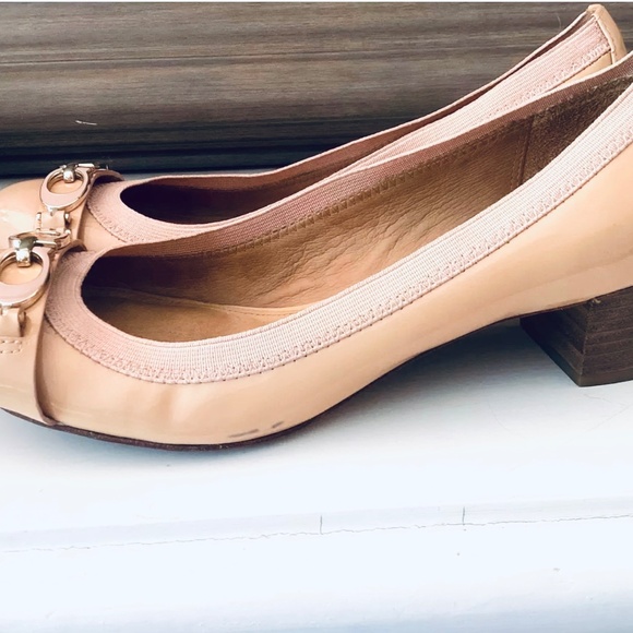 COACH Tandy Patent Leather Block Heel SZ 7.5 B Peach Blush Nude buckle - Picture 4 of 9